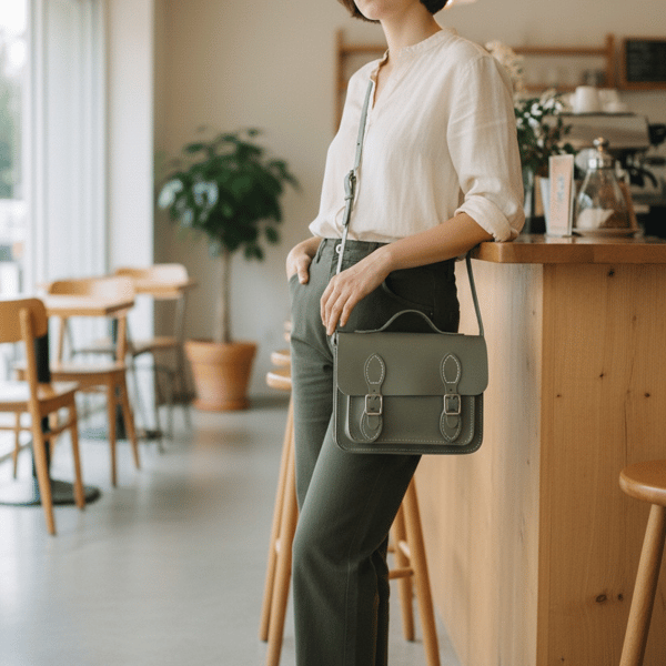 Hand stitched leather satchel in green moss colour way 