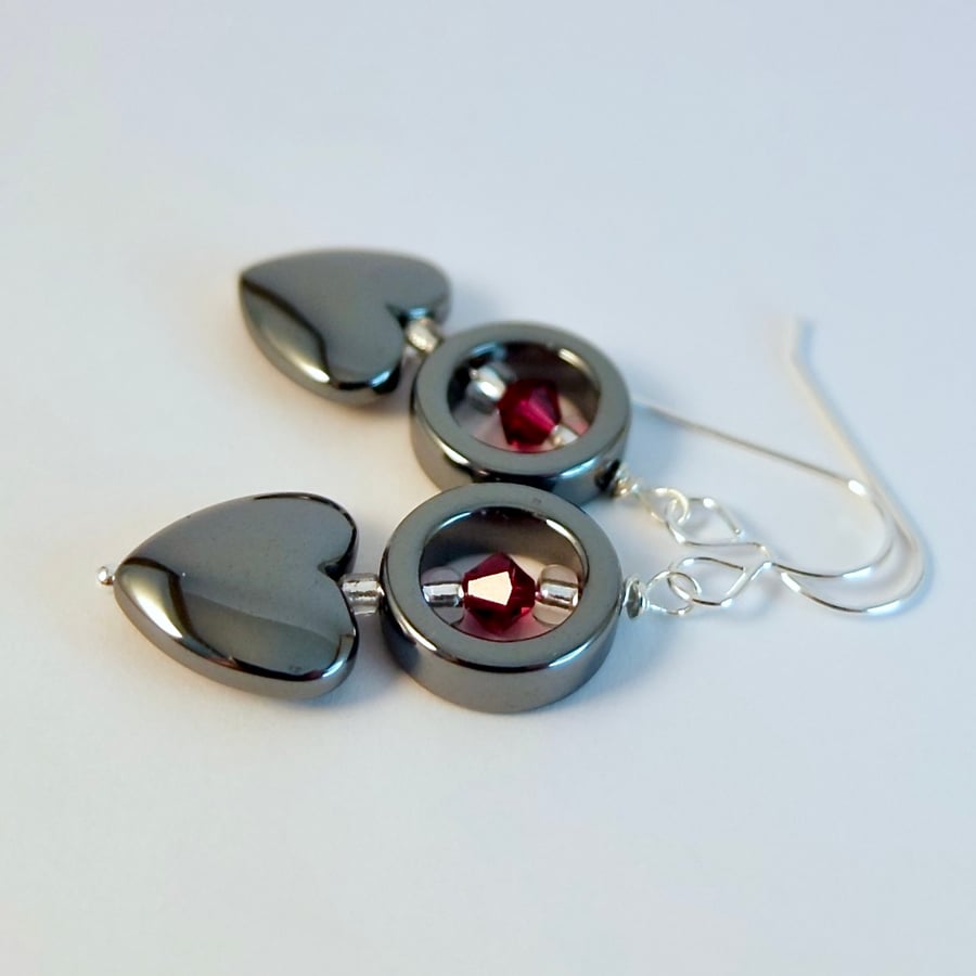 Hematite Heart Earrings With Red Crystal, Birthday, Mother's Day, Valentine Gift
