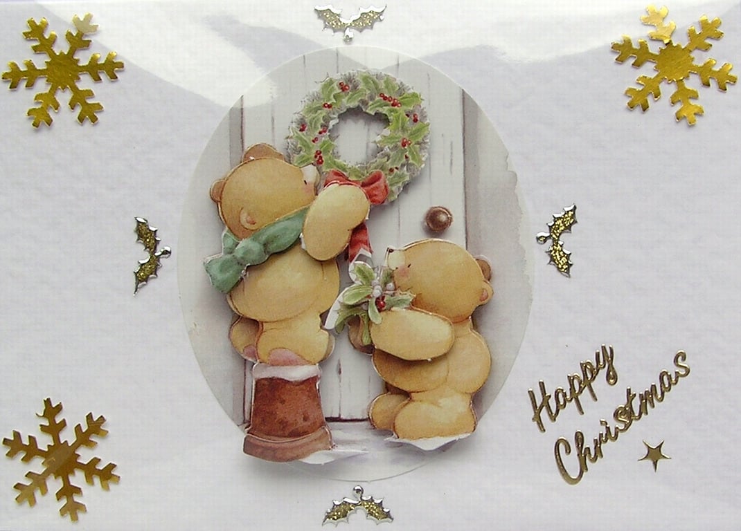 Hand Crafted Decoupage Chistmas Card - Happy Christmas (2217) - Teddy Bear