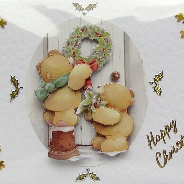 Hand Crafted Decoupage Chistmas Card - Happy Christmas (2217) - Teddy Bear