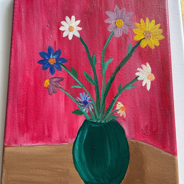 Original floral painting colourful flowers in a vase 