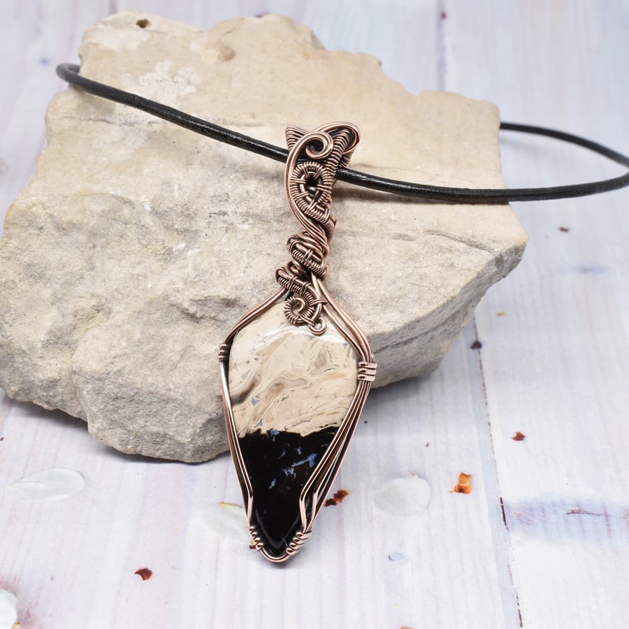 Petrified Palm Wood and Copper Wire Wrapped Gothic Pendant 