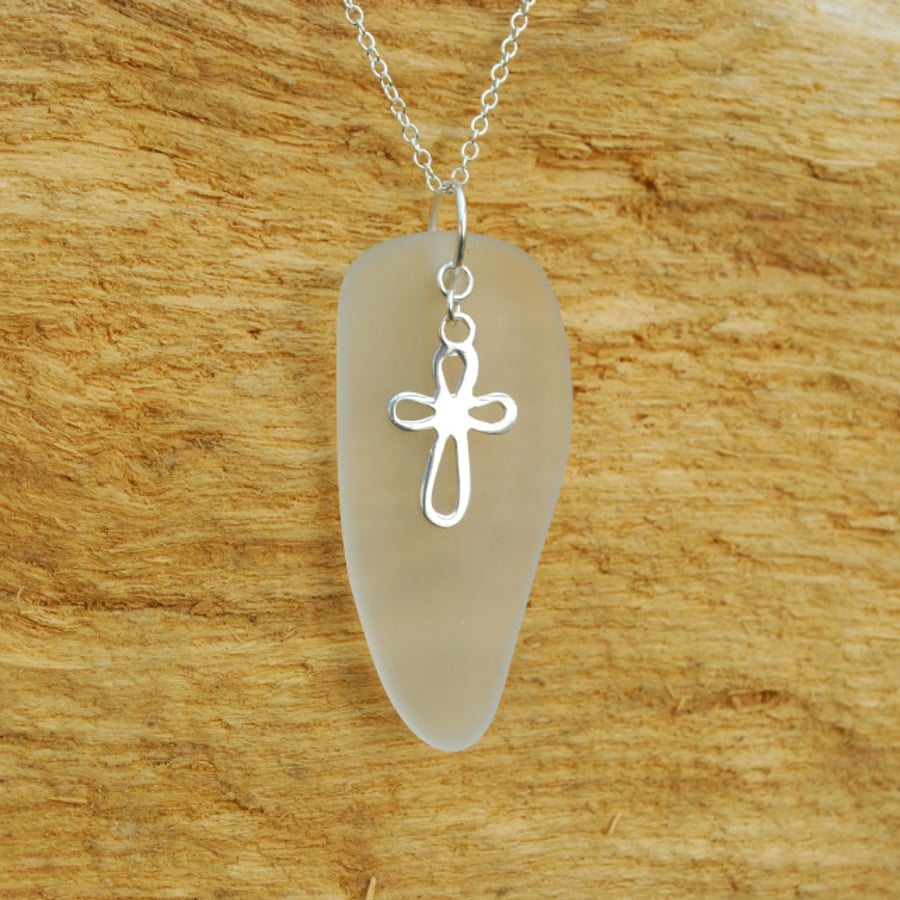 Beach glass pendant with cross