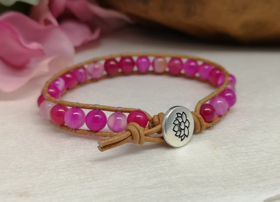 Pink agate and tan leather bracelet with lotus flower button fastener 