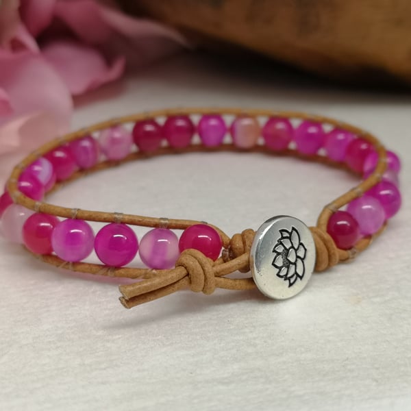 Pink agate and tan leather bracelet with lotus flower button fastener 