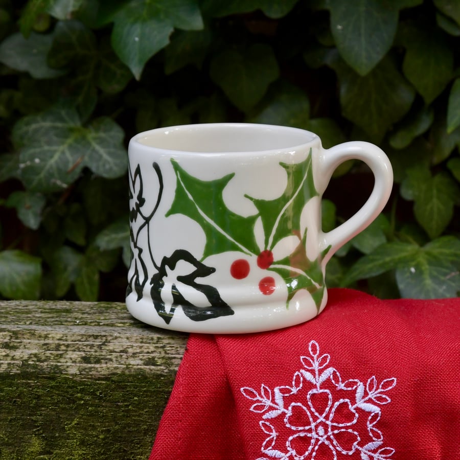 Christmas Holly and Ivy Little Mug - Hand Painted - SALE
