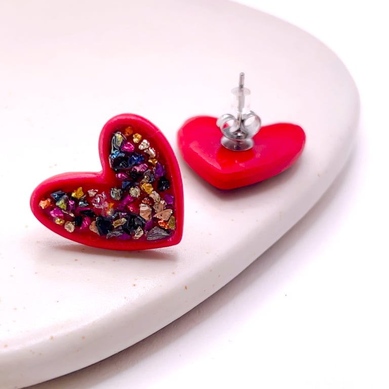 Red heart stud earrings for women, handmade Valentine’s gift for her