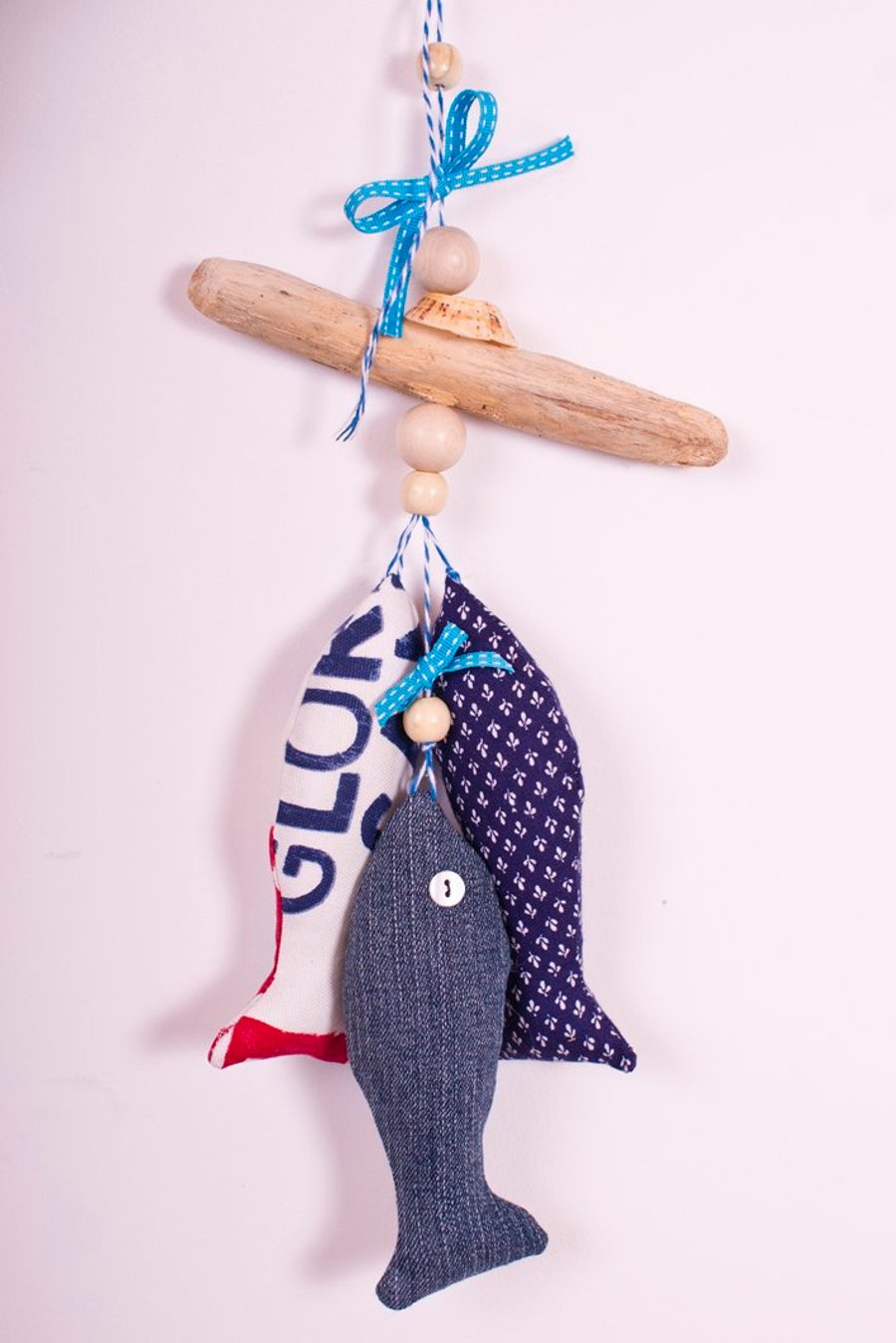 Cornish Driftwood and Upcycled Denim Fish Hanging - Turquoise Accents