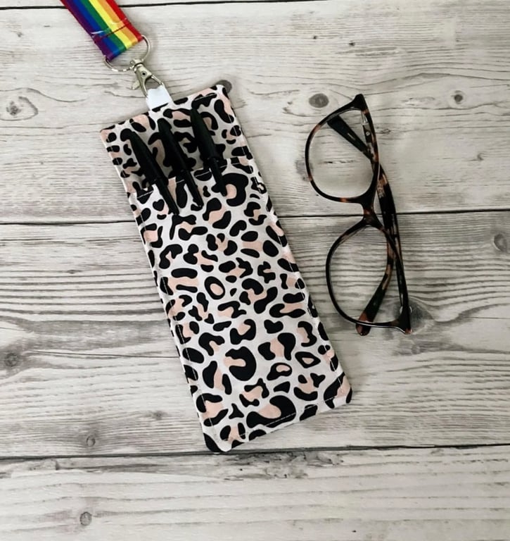 Double Sided Glasses and Pen Holder for Lanyards. Cotton Fabric. Leopard Print.