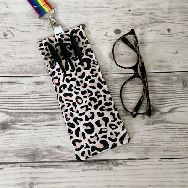 Double Sided Glasses and Pen Holder for Lanyards. Cotton Fabric. Leopard Print.