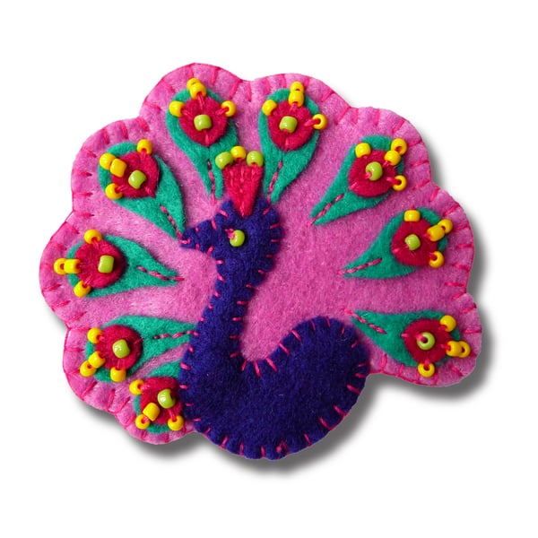 Peacock design handmade felt brooch - color - Dark Lilac