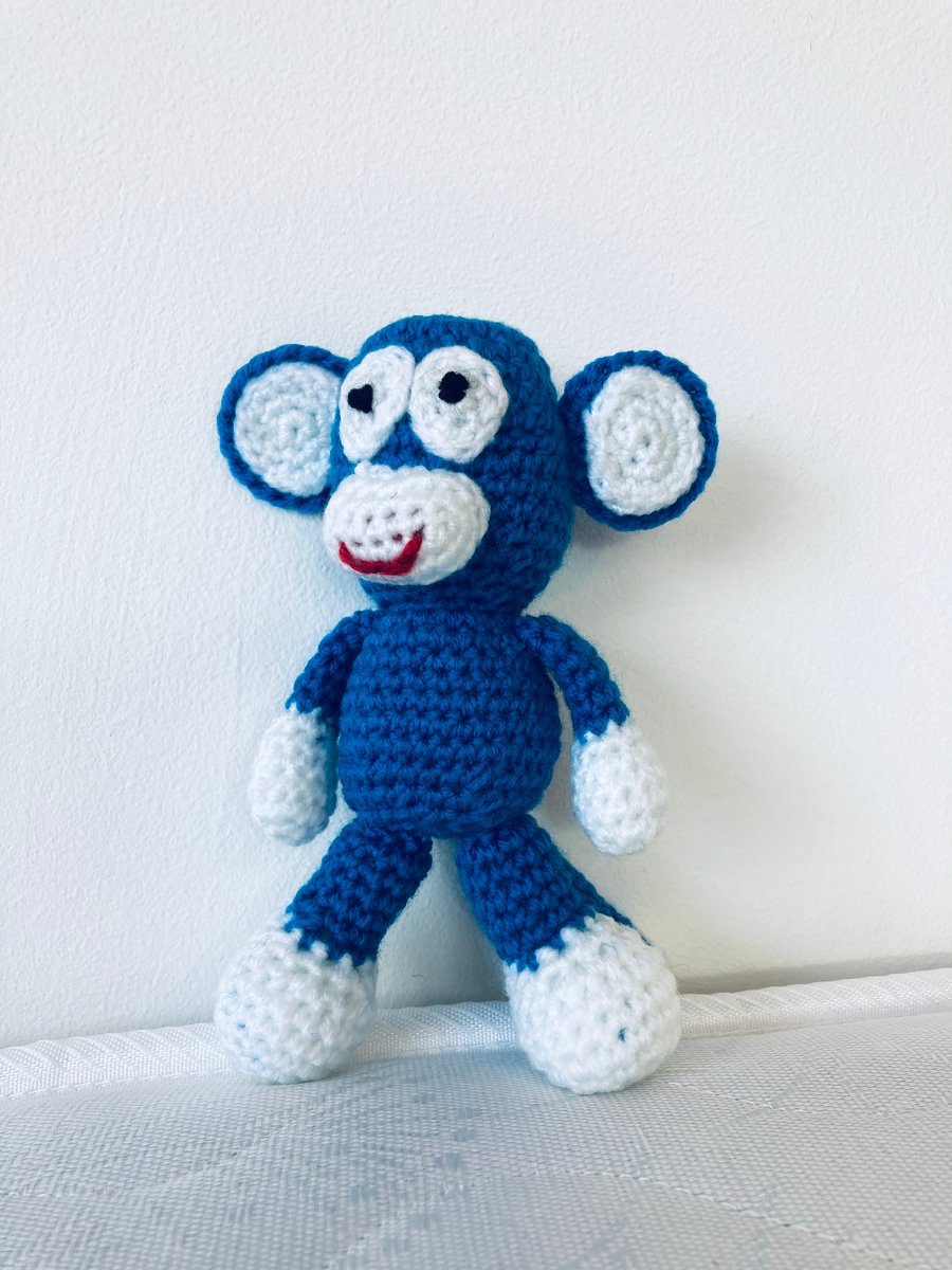 HANDMADE CROCHET ACRYLIC STUFFED BLUE,WHITE MONKEY SOFT TOY ANIMAL