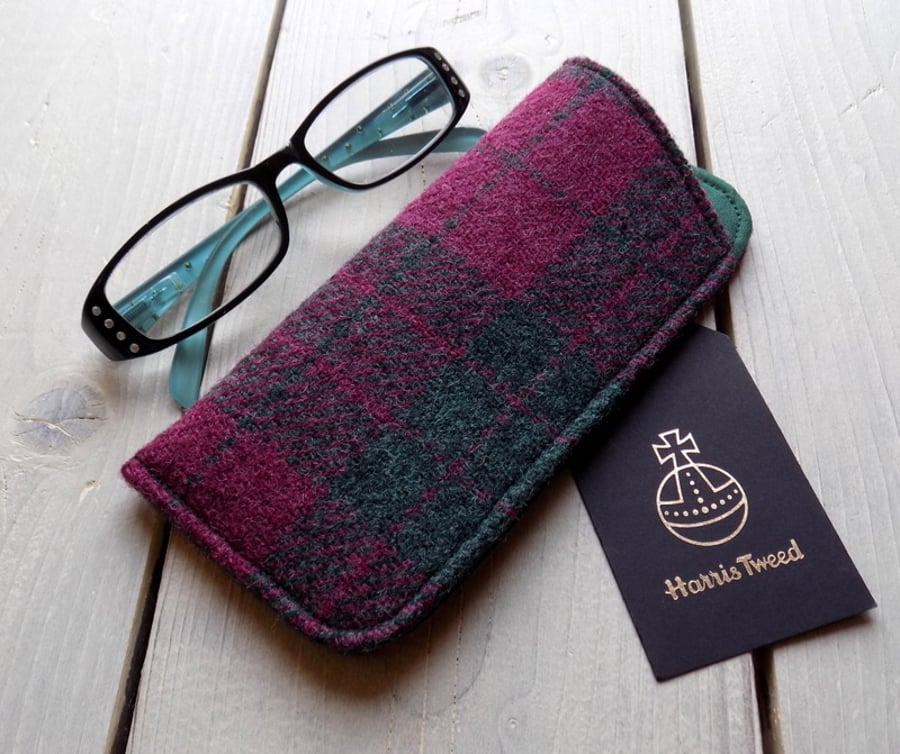 Harris Tweed eyeglasses case in cranberry red and forest green check