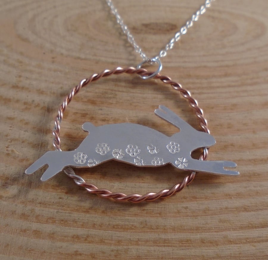 Sterling Silver and Copper Flower Hare Necklace
