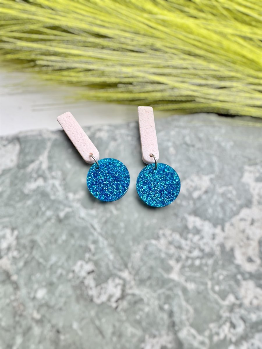 White Polymer Clay and Blue Glitter Acrylic Earrings