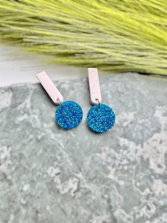 White Polymer Clay and Blue Glitter Acrylic Earrings