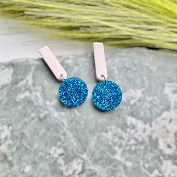 White Polymer Clay and Blue Glitter Acrylic Earrings