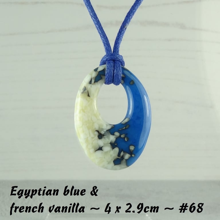Handcrafted fused glass off-set oval pendant on a waxed cotton cord (68)
