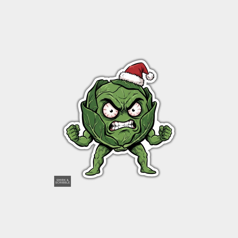 Image of Unique Funny Christmas Sticker Xmas Decal For Adults - Angry Brussels Sprout