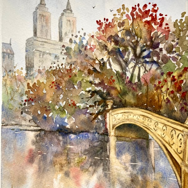Central Park New York Autumn colours original watercolour painting