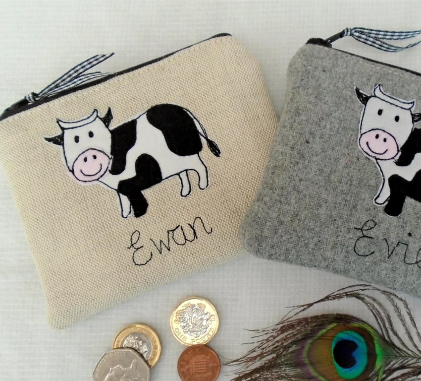Personalised Cow Coin Purse - Wallet Pouch - Handmade Customisable Gift