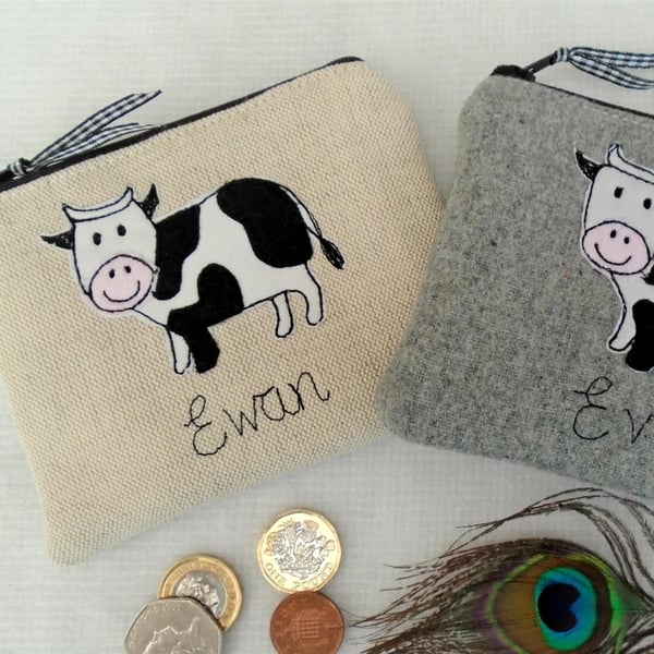 Personalised Cow Coin Purse - Wallet Pouch - Handmade Customisable Gift