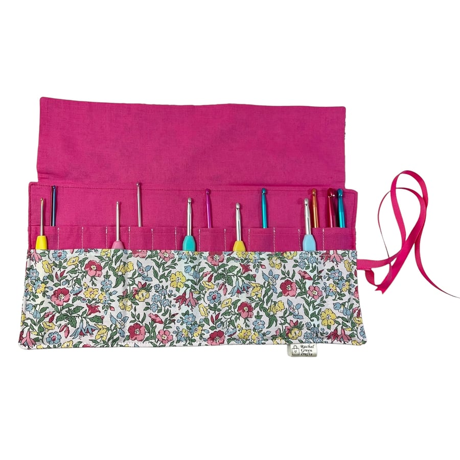 Crochet hook case in Liberty floral fabric, Ergonomic roll up hook organiser,