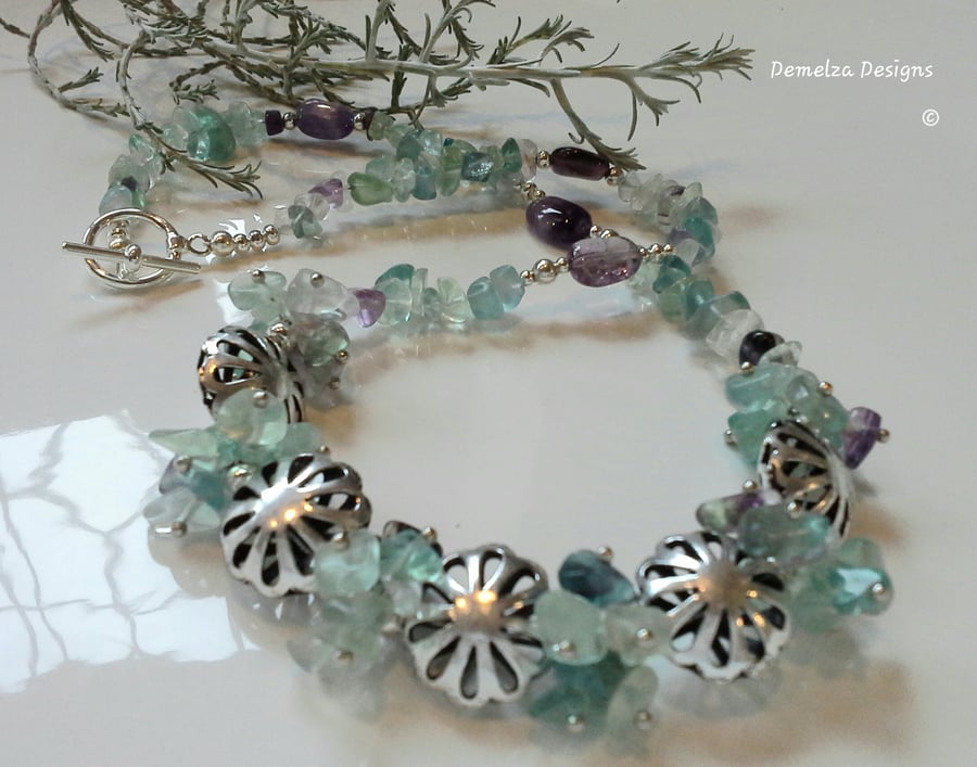  Fluorite & Amethyst Necklace Silver Plated 