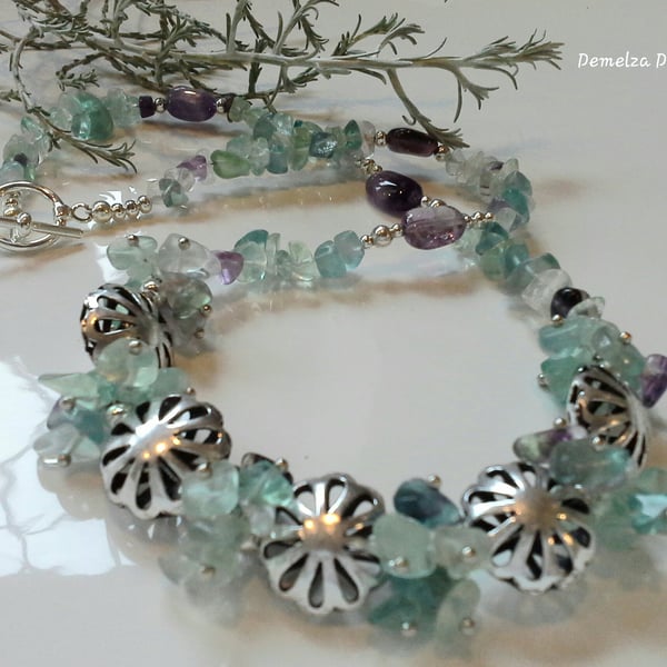  Fluorite & Amethyst Necklace Silver Plated 