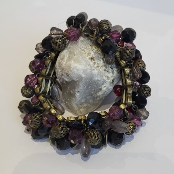 Beaded Bracelet, gorgeous red & black tones with statement metal filigree beads