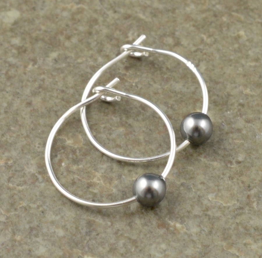 Boho 4mm Dark Grey Swarovski Crystal Pearl 15mm Sterling Silver Hoop Earrings