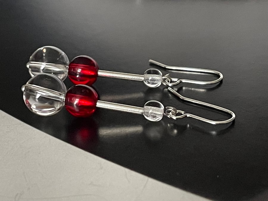 Handcrafted Red glass and rock crystal gemstones dangling earrings