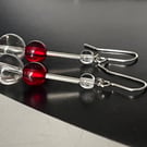 Handcrafted Red glass and rock crystal gemstones dangling earrings