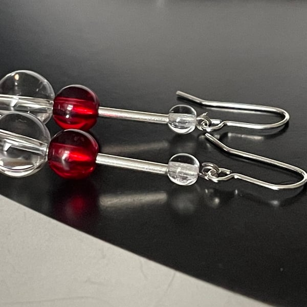 Handcrafted Red glass and rock crystal gemstones dangling earrings
