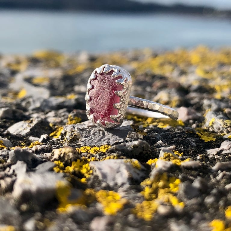 Rare PinkSea Glass and Sterling Silver Ring- Size P  - 1313