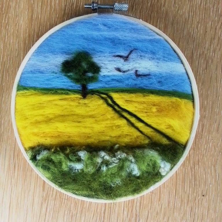 Needle felted landscape of the countryside 