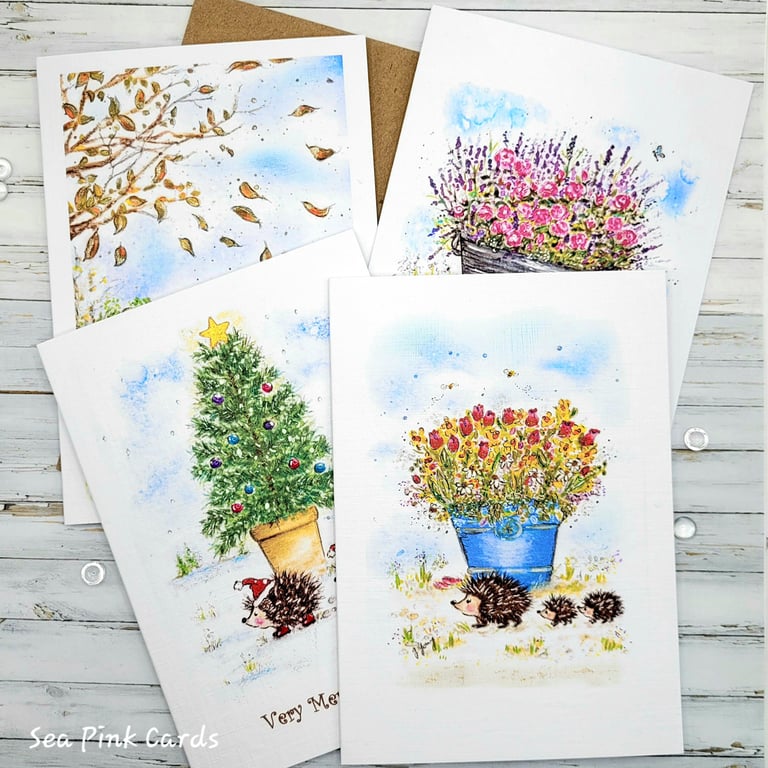Hedgehog Card Set - 4 cards - original art, four seasons, all occasions, gift  