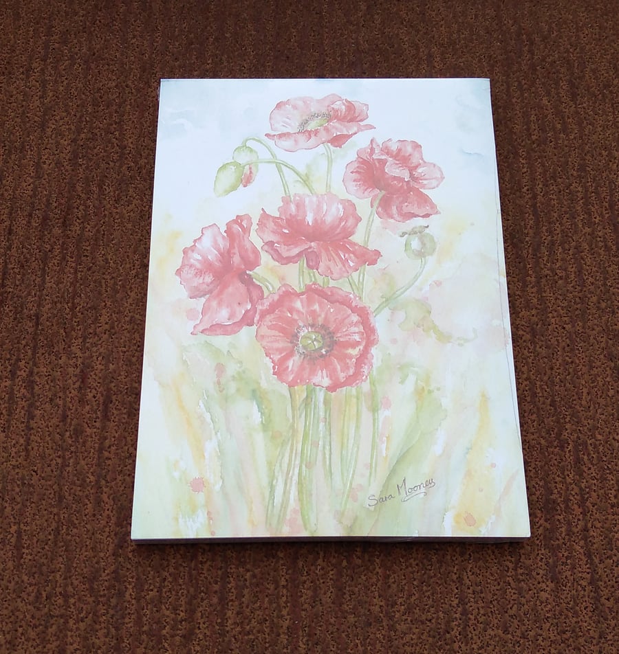 Notepad magnetic back. Poppy painting from original art-work printed on front