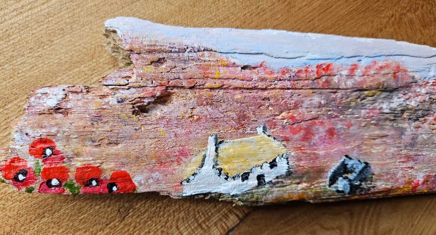 Original painting Poppy Croft on driftwood.