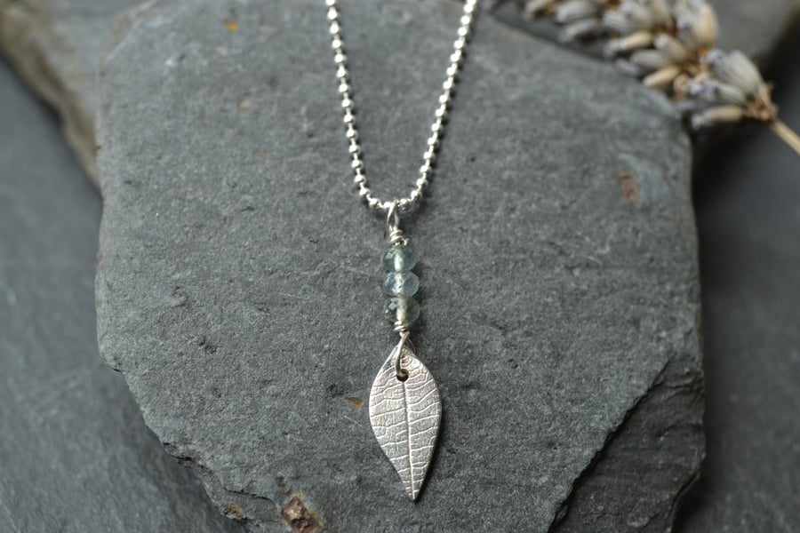 Moss aquamarine  and silver leaf pendant