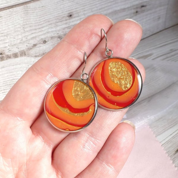 OOAK Orange, Red and Gold dangle earrings. One-off round swirl design earrings