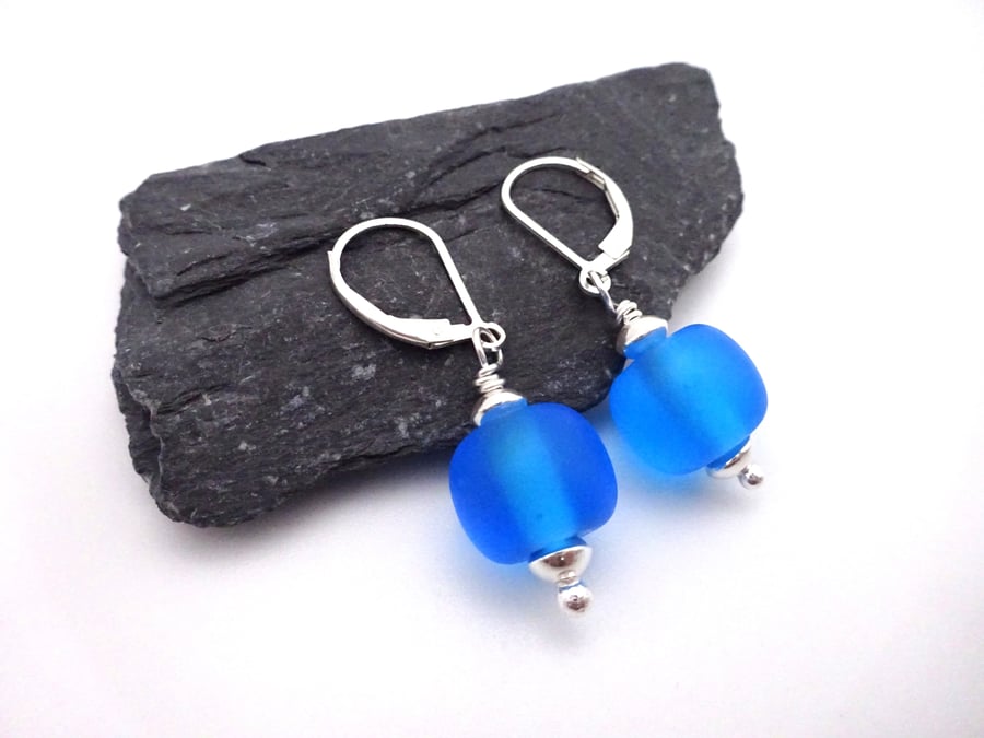 frosted blue lampwork glass earrings