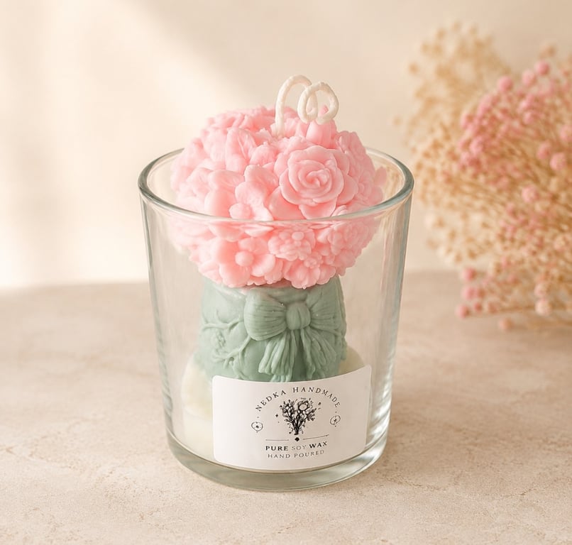 Handmade Pink Floral Bouquet Candle in Glass Jar