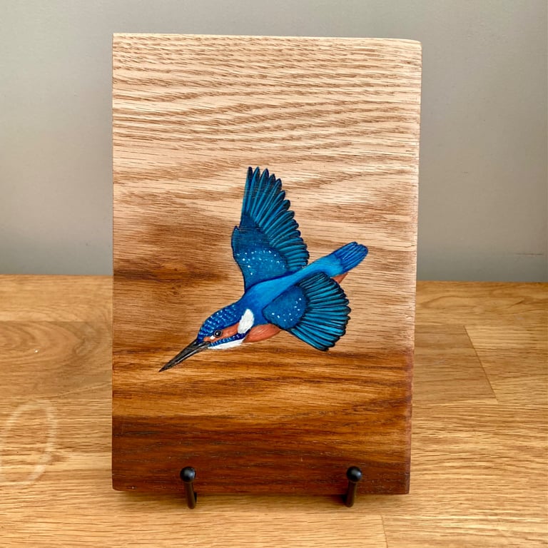 Kingfisher (flying) original painting on Oak wood