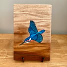 Kingfisher (flying) original painting on Oak wood