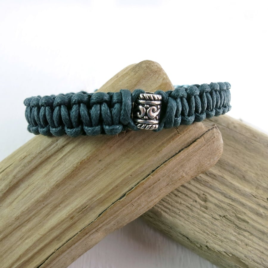 Mens Cotton Cord Macrame Bracelet with a Metal Wave Bead - Sea Green