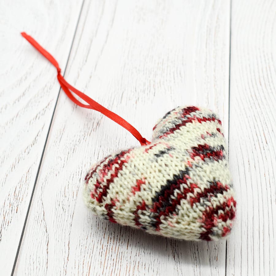 Hand knitted heart - Christmas Decorations - Red, white and black