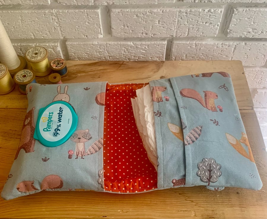 Nappy and Wipes Clutch Bag - Duck Egg Blue Woodland Animals