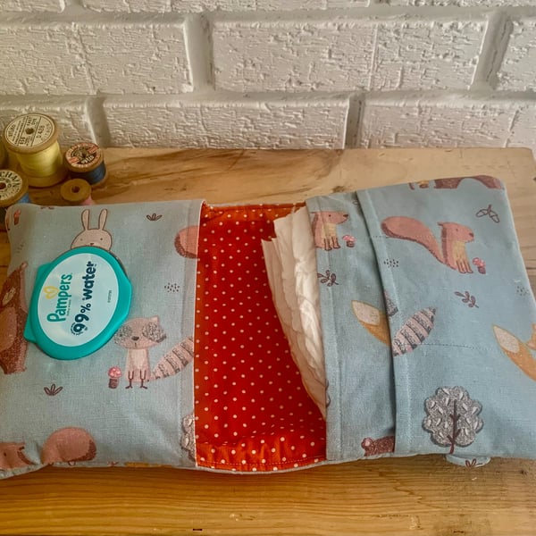 Nappy and Wipes Clutch Bag - Duck Egg Blue Woodland Animals