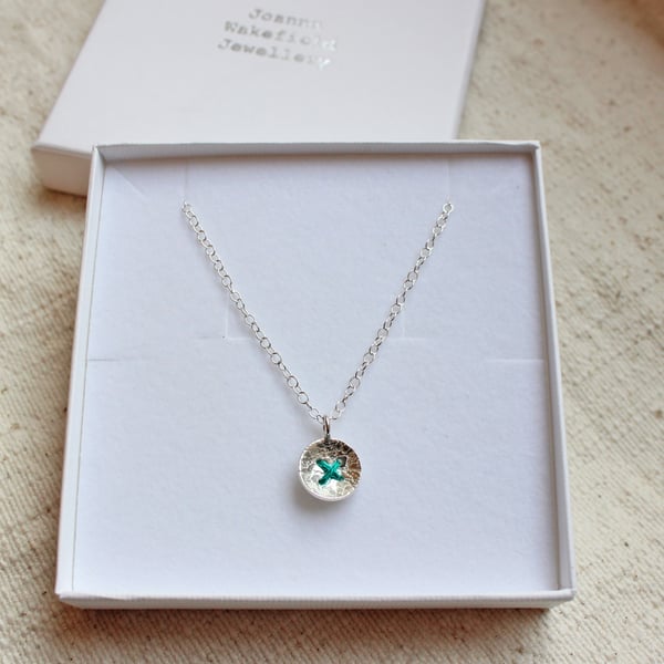 Silver button necklace, small stitched button, lace texture necklace